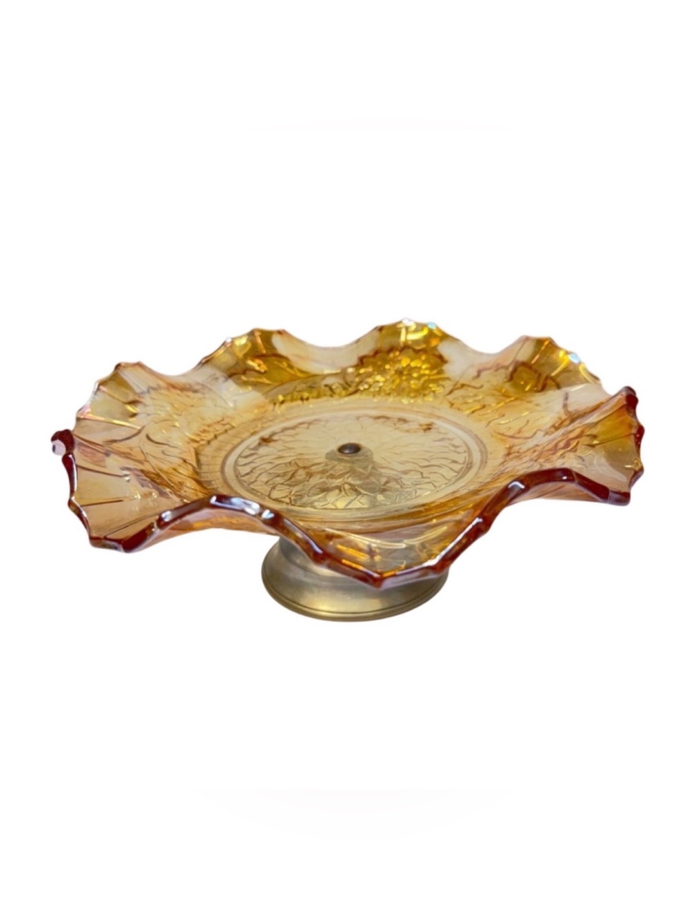 Fenton Vintage  Ruffled Marigold Carnival Glass Pedestal Serving Dish 9” Vintage